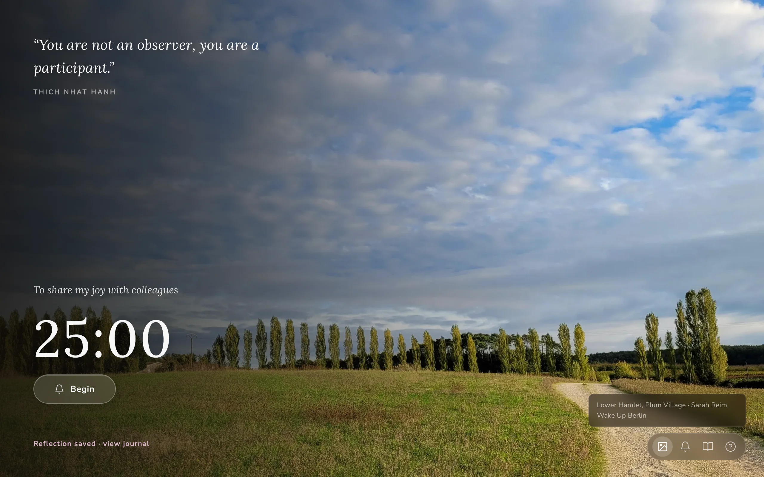 The Mindful Work new tab showing a Plum Village photograph with its credit revealed
