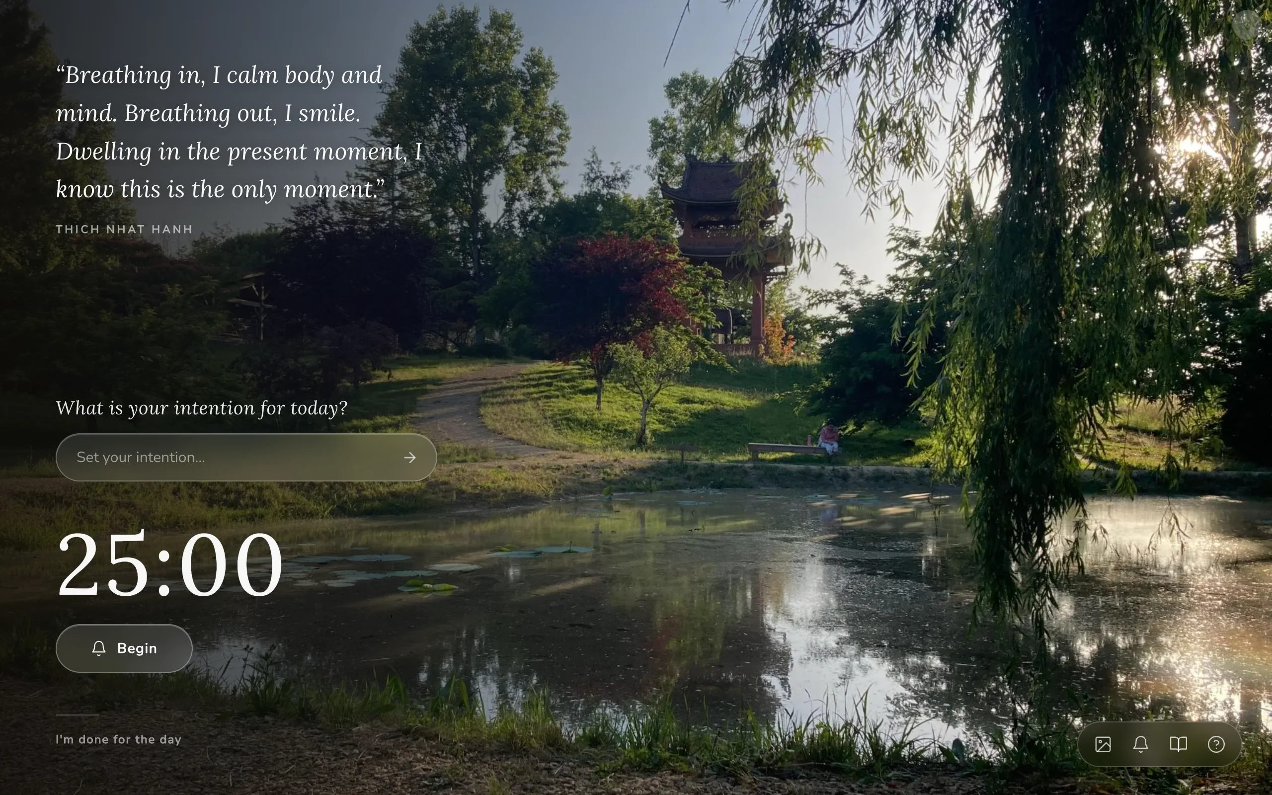 The Mindful Work new tab: a Plum Village photograph, a quote by Thich Nhat Hanh, today's intention and a focus timer
